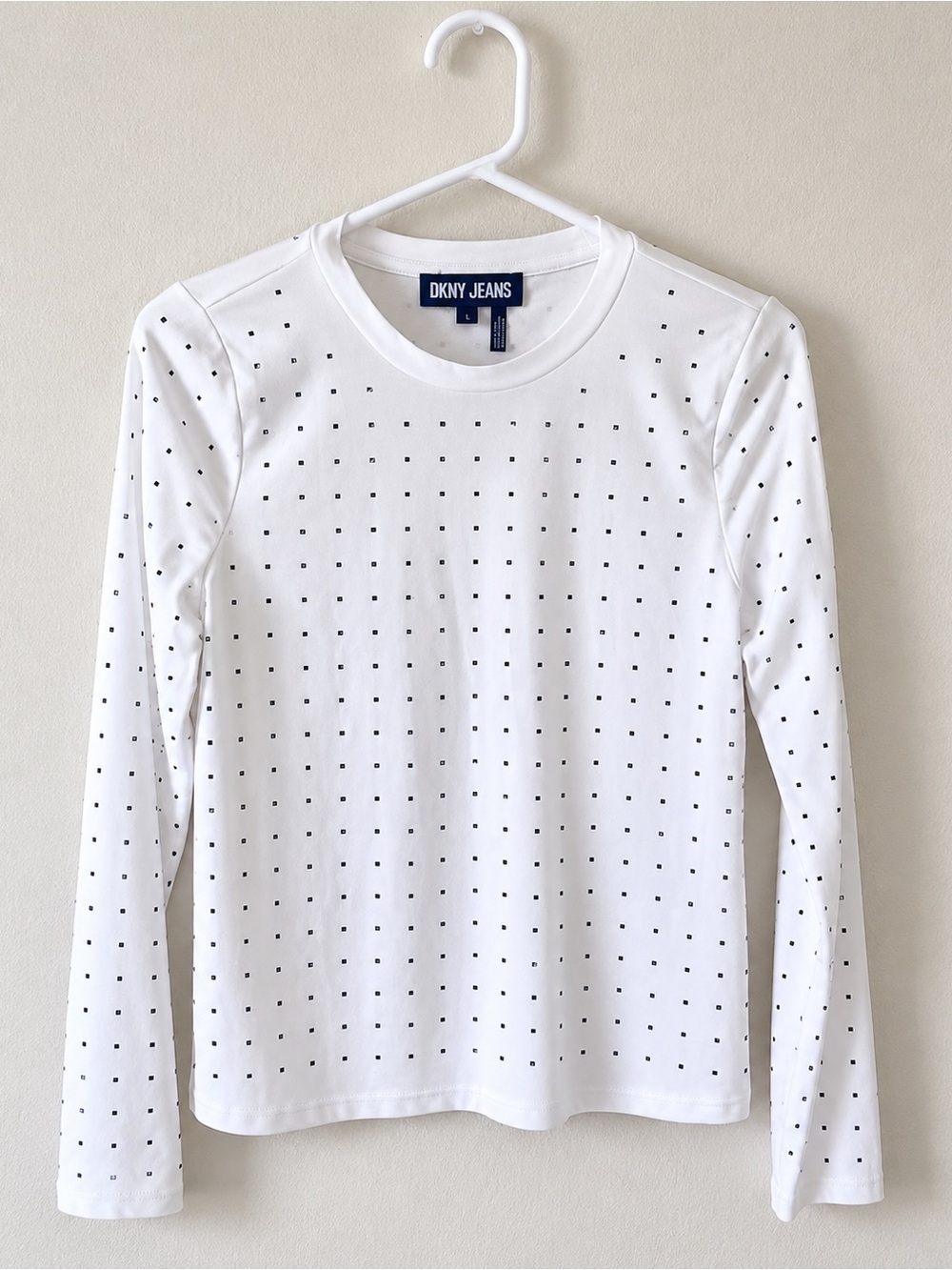 Dkny White Long Sleeve Tee with Black Micro Dot Print